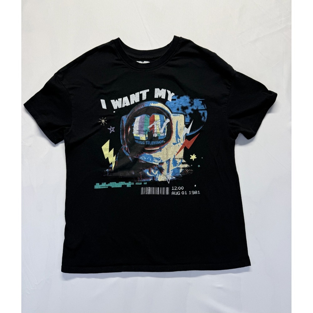 Unisex T-Shirt L Black Cotton I Want My MTV Astronaut Flea Market Iconic Graphic